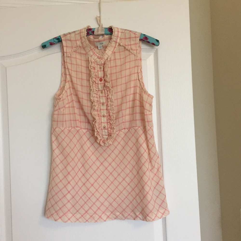Anthro Odille Hollace Cotton Pink Plaid Ruffle Top